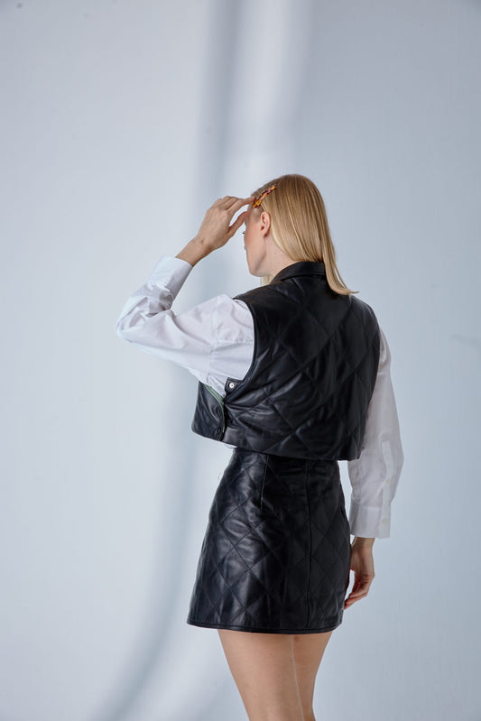Quilted Short Leather Vest - Black