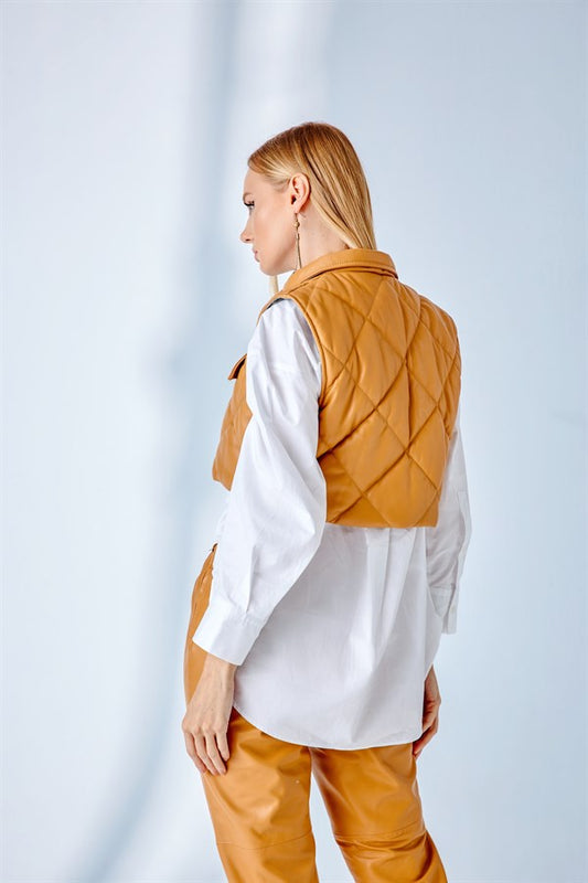 Quilted Short Leather Vest – Camel