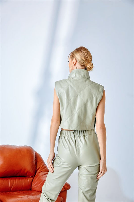 Quilted Short Leather Vest – Nile Green