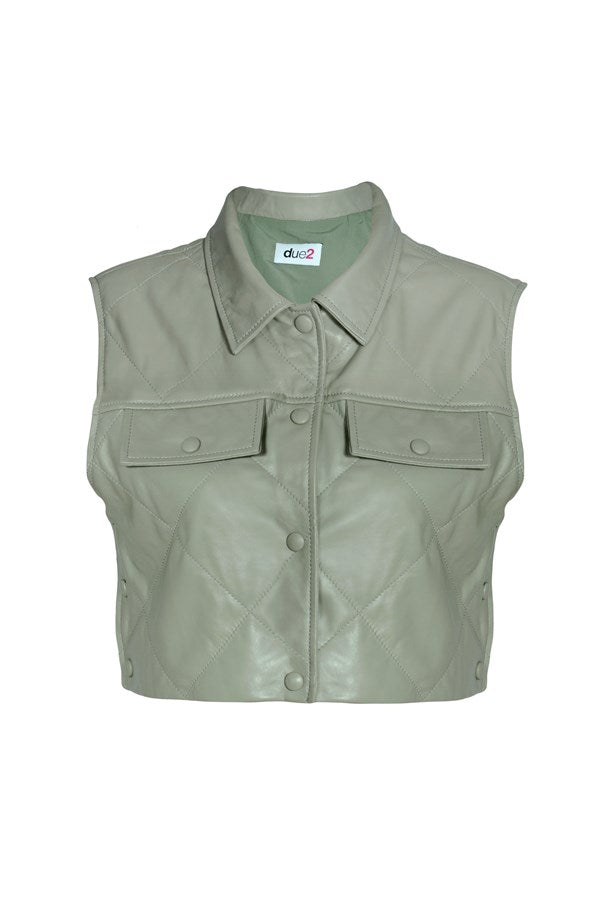 Quilted Short Leather Vest – Nile Green