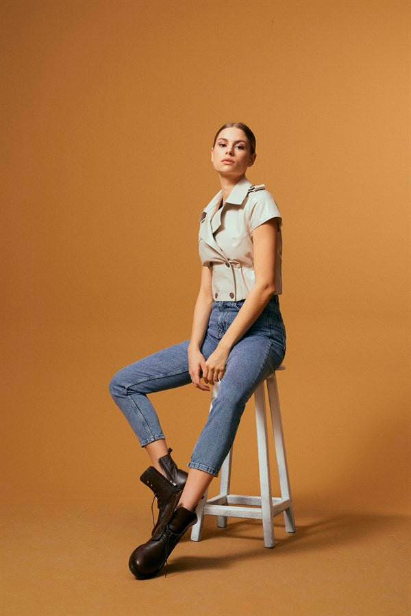 Short Leather Trench - Cream