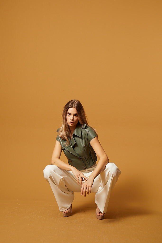 Short Leather Trench - Sage Green