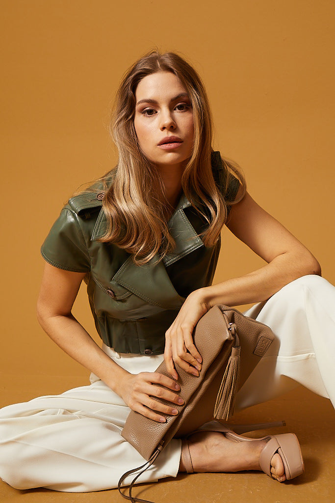Short Leather Trench - Sage Green