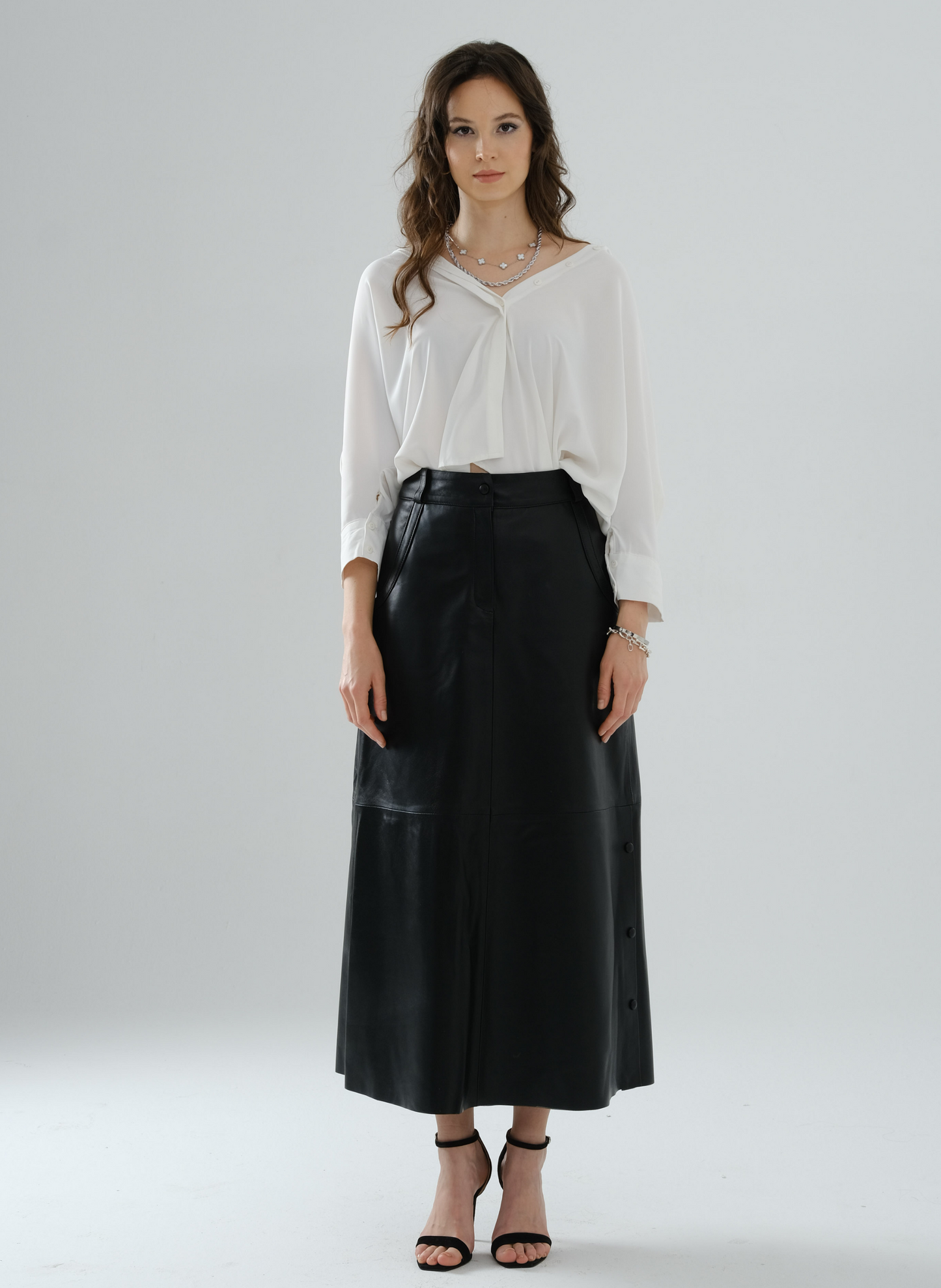 Side-Snap Long Leather Skirt – Black