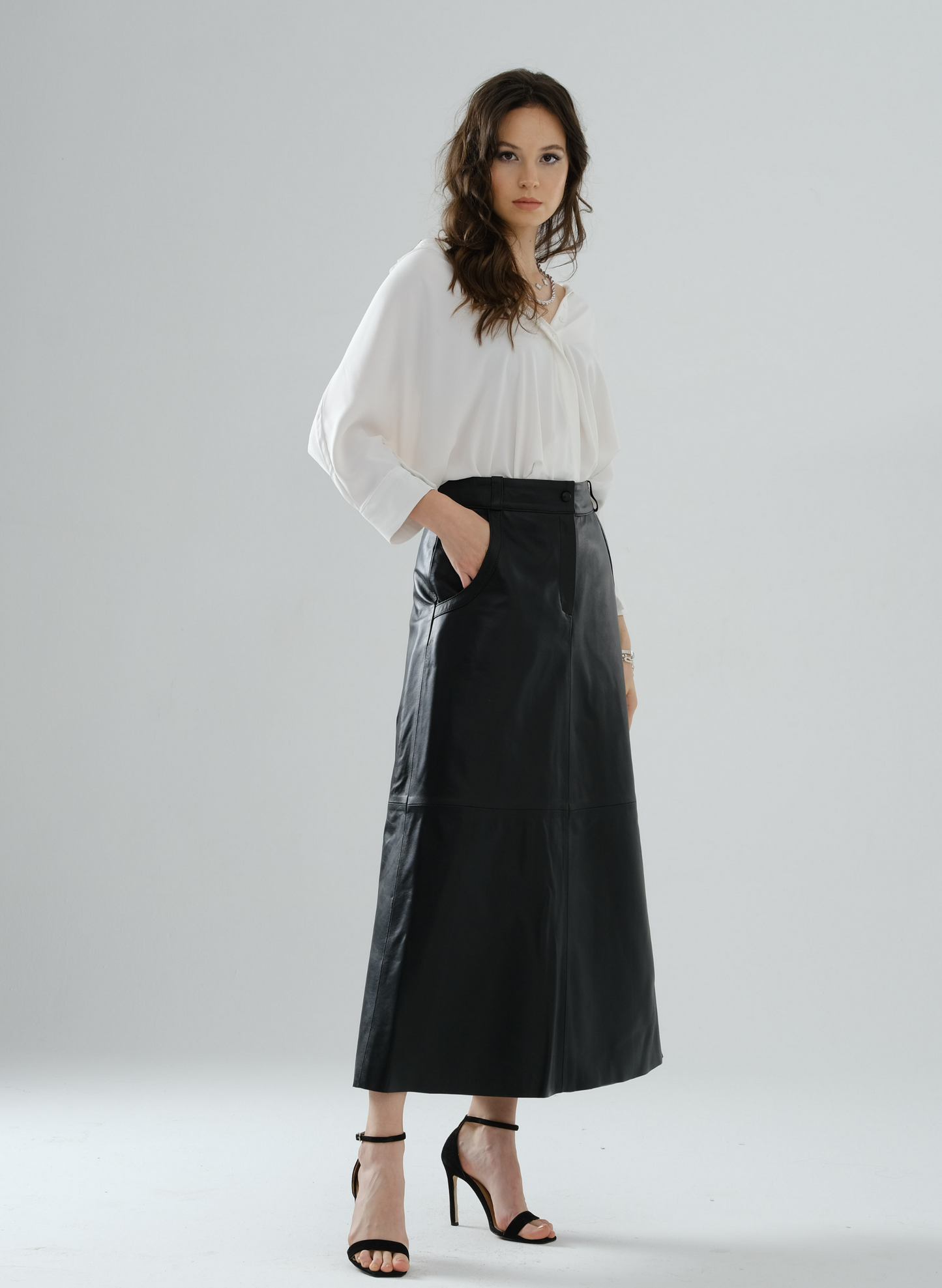 Side-Snap Long Leather Skirt – Black