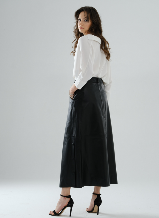 Side-Snap Long Leather Skirt – Black