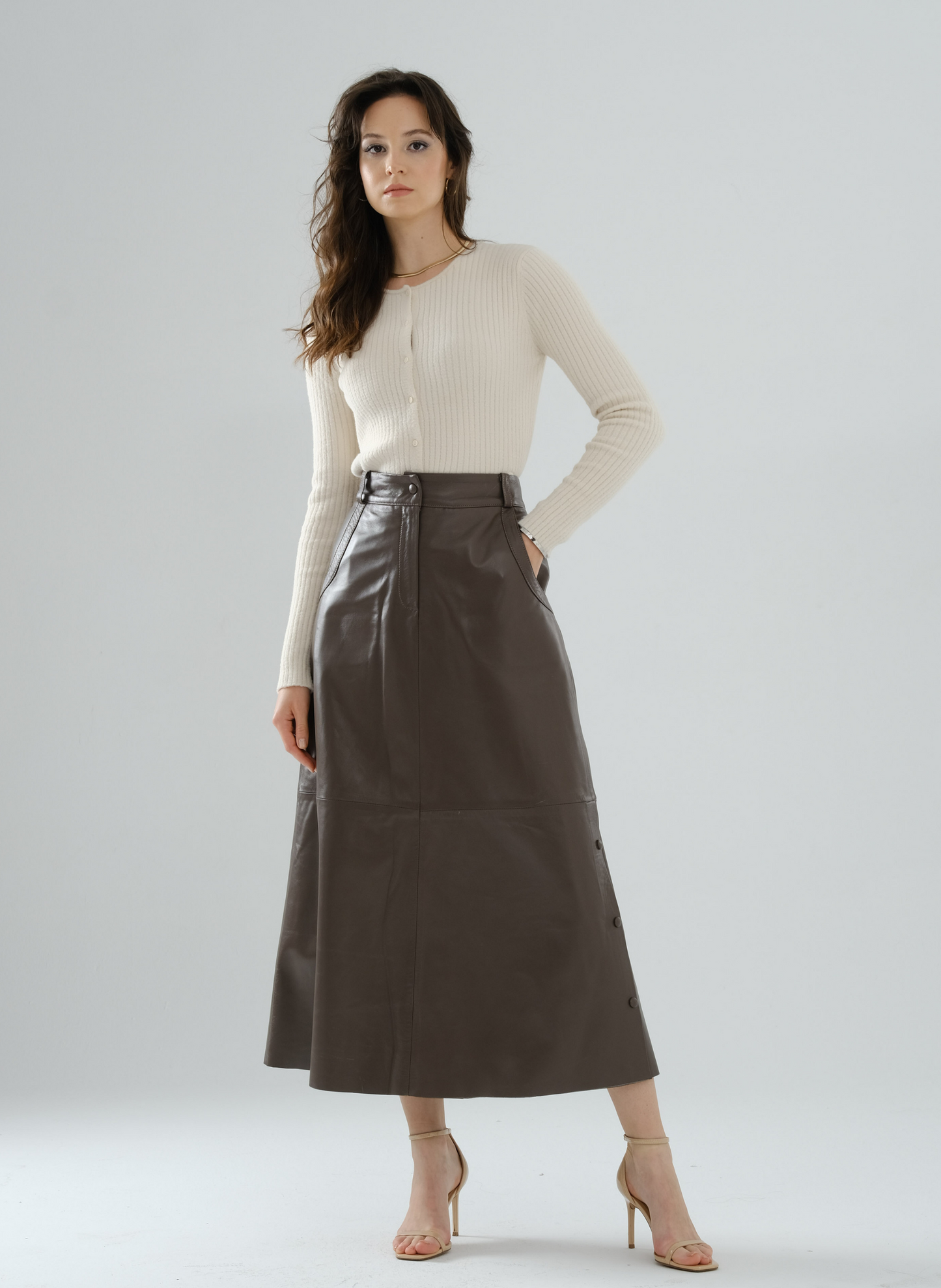 Side-Snap Long Leather Skirt – Mocha