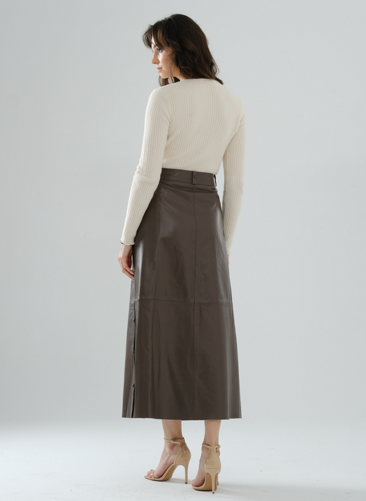 Side-Snap Long Leather Skirt – Mocha