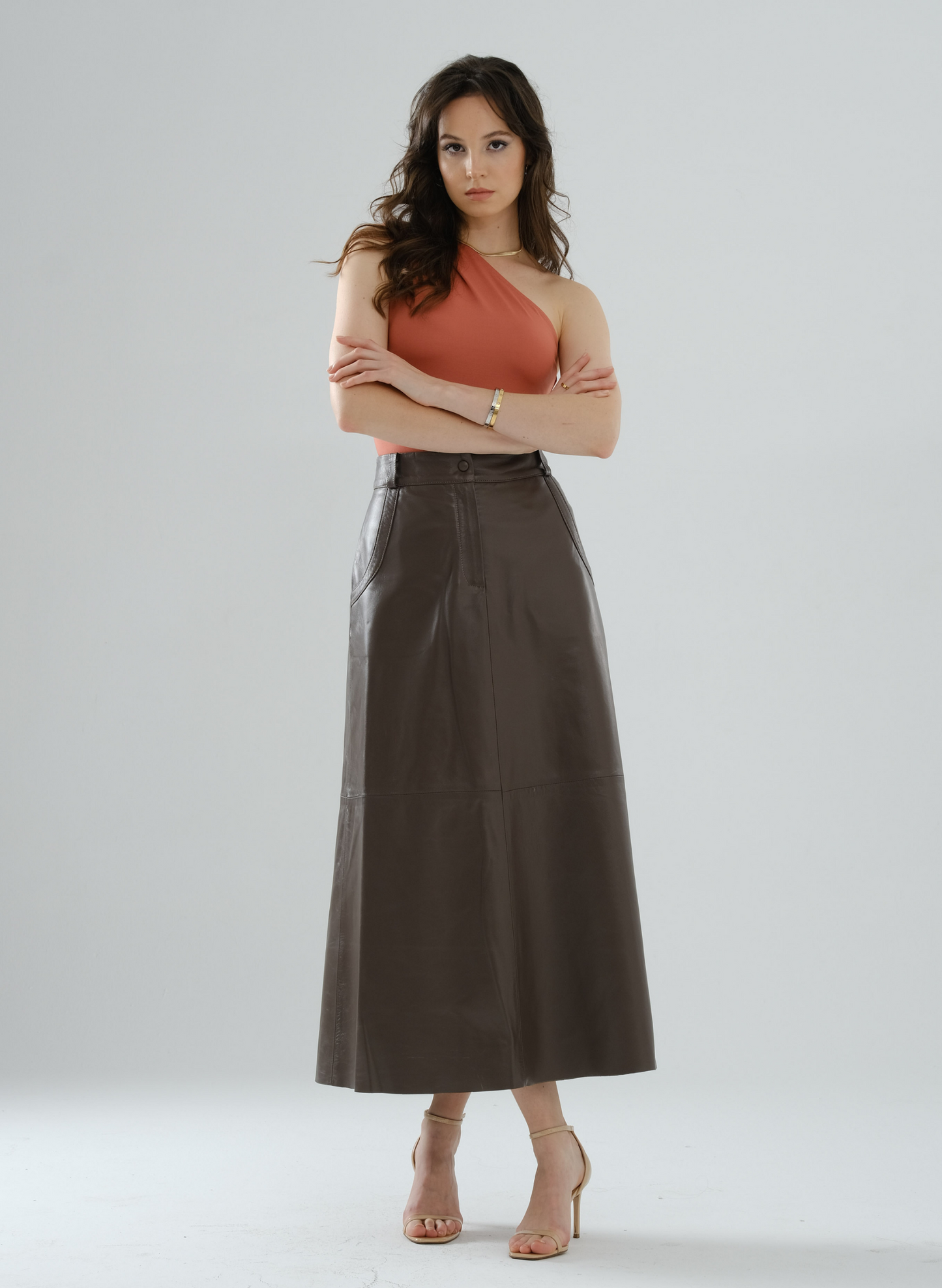 Side-Snap Long Leather Skirt – Mocha