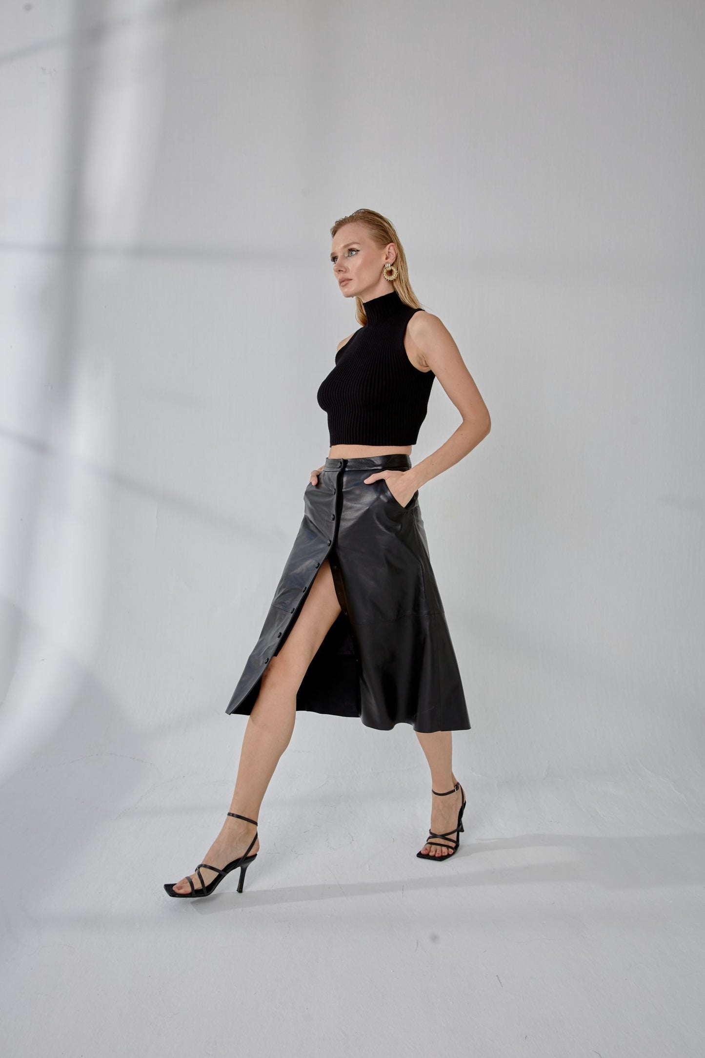 Snap-Button Long Leather Skirt – Black