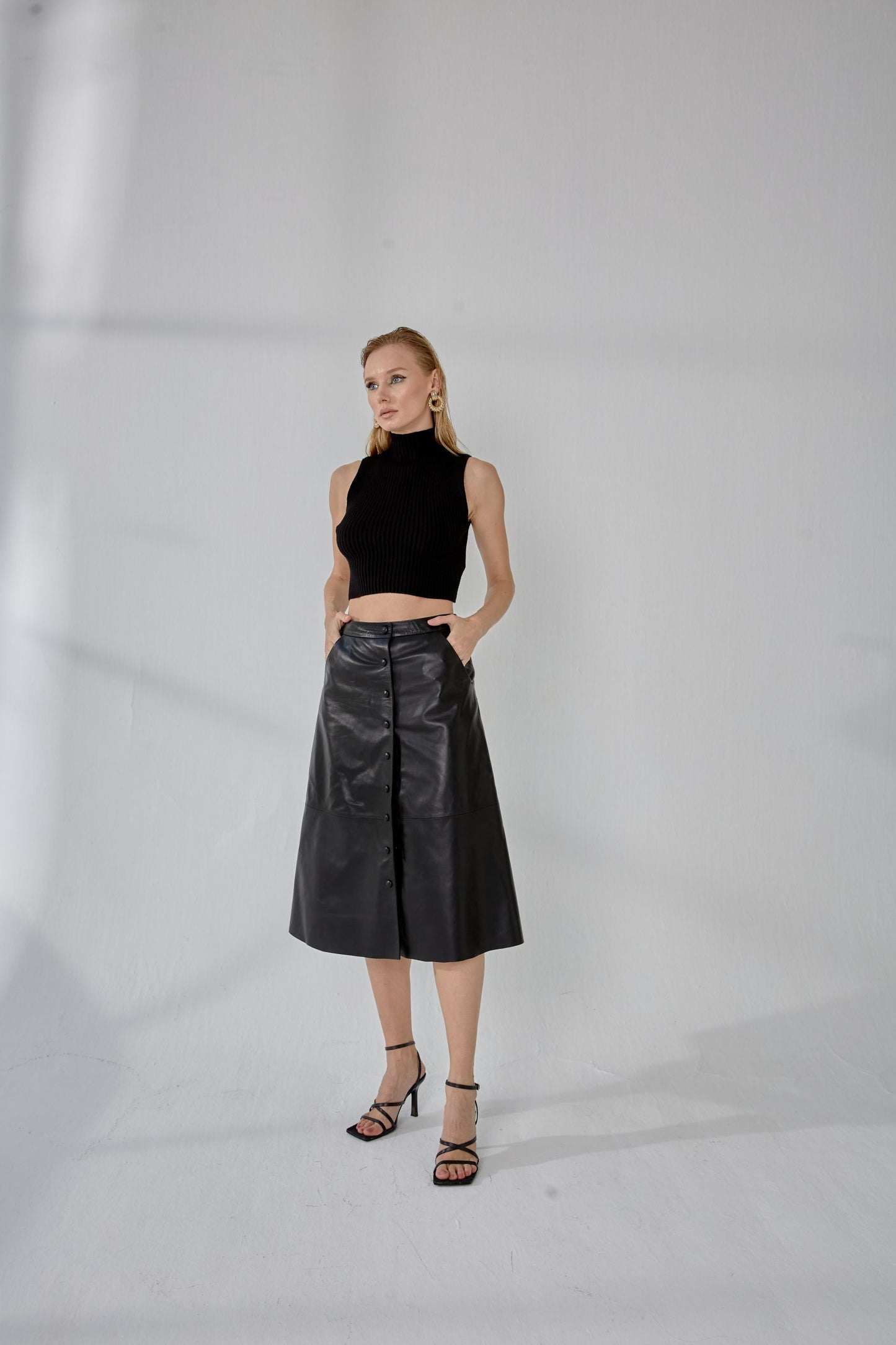Snap-Button Long Leather Skirt – Black