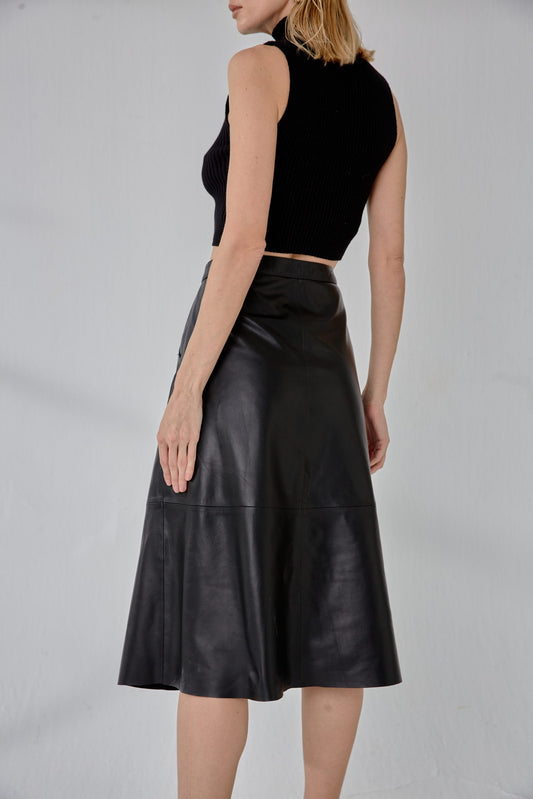 Snap-Button Long Leather Skirt – Black