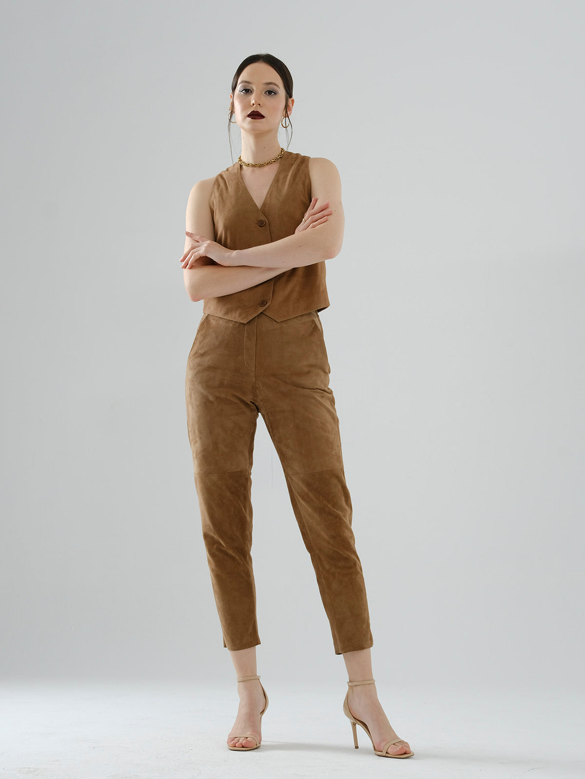 Straight-Leg Suede Pants – Brown