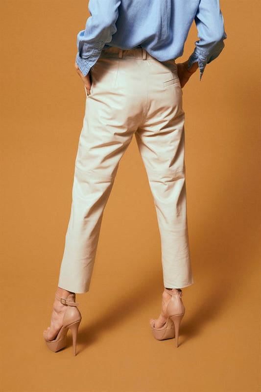 Straight Cut Pocketed Leather Pants – Cream