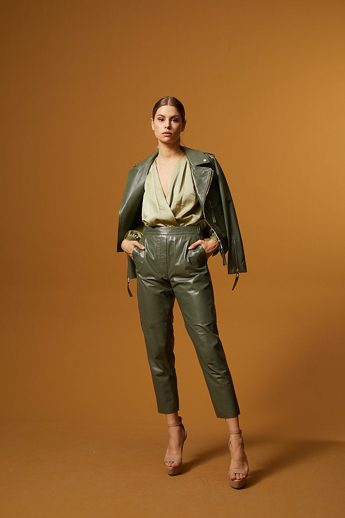 Straight Cut Pocketed Leather Pants – Sage Green