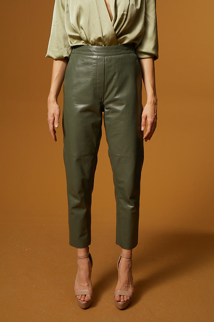 Straight Cut Pocketed Leather Pants – Sage Green