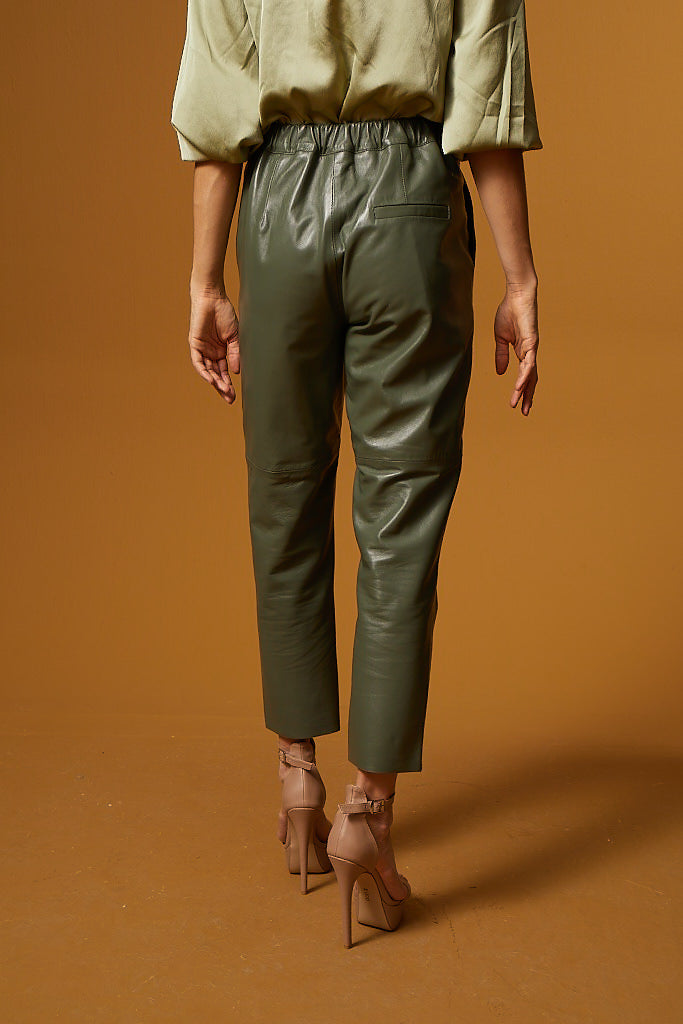 Straight Cut Pocketed Leather Pants – Sage Green