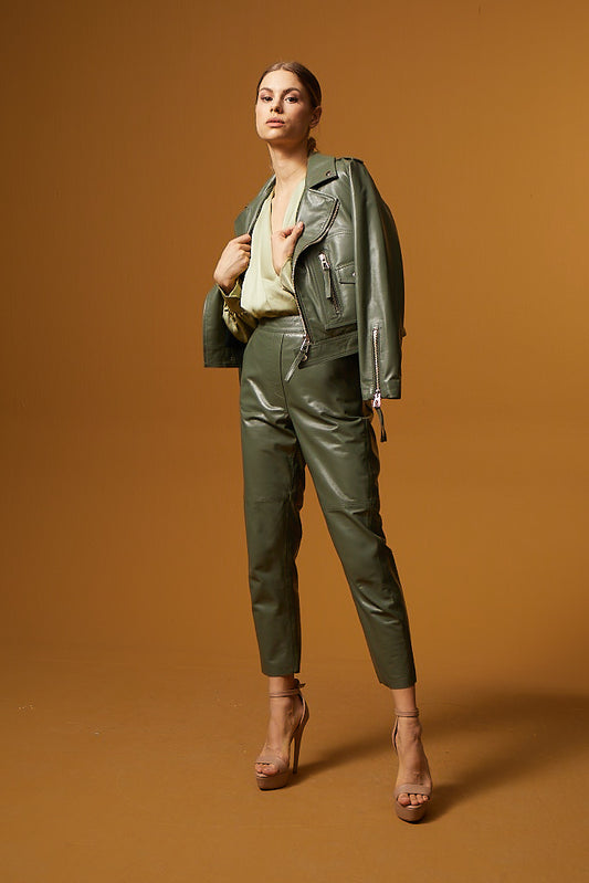 Straight Cut Pocketed Leather Pants – Sage Green