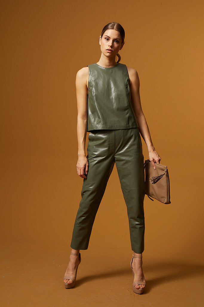 Straight Cut Pocketed Leather Pants – Sage Green