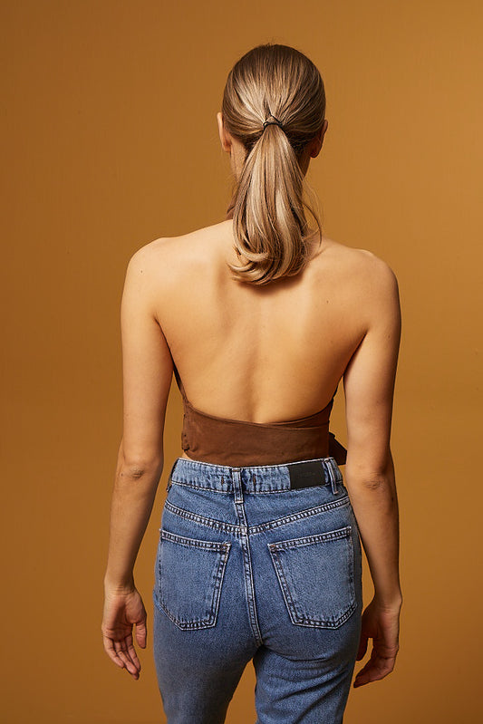 Suede Bustier with Tie at the Waist - Brown