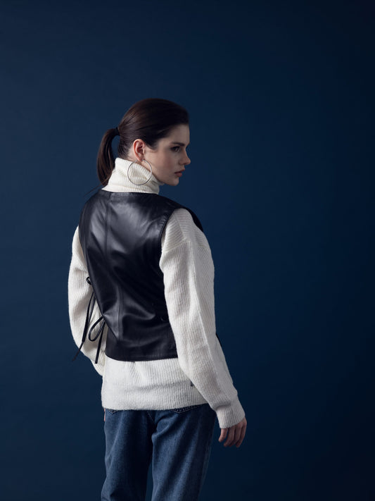 Tie-Front Leather Vest – Black
