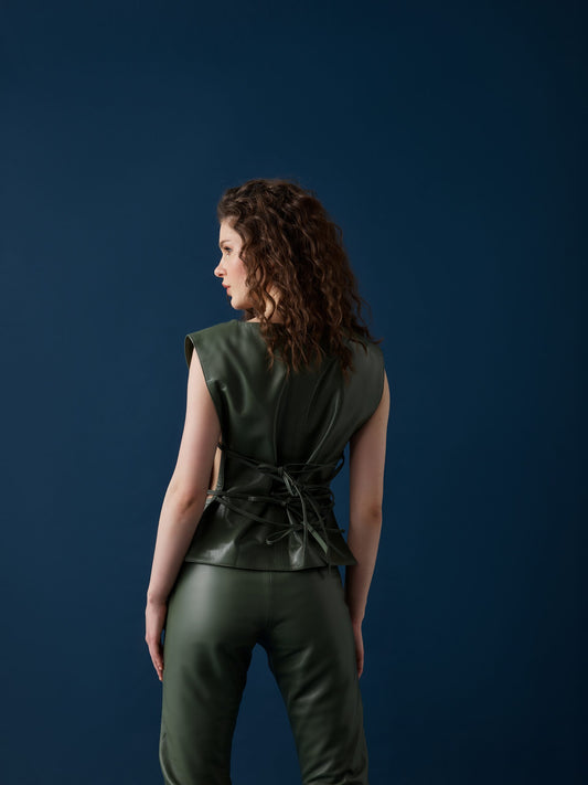 Tie-Front Leather Vest – Sage Green