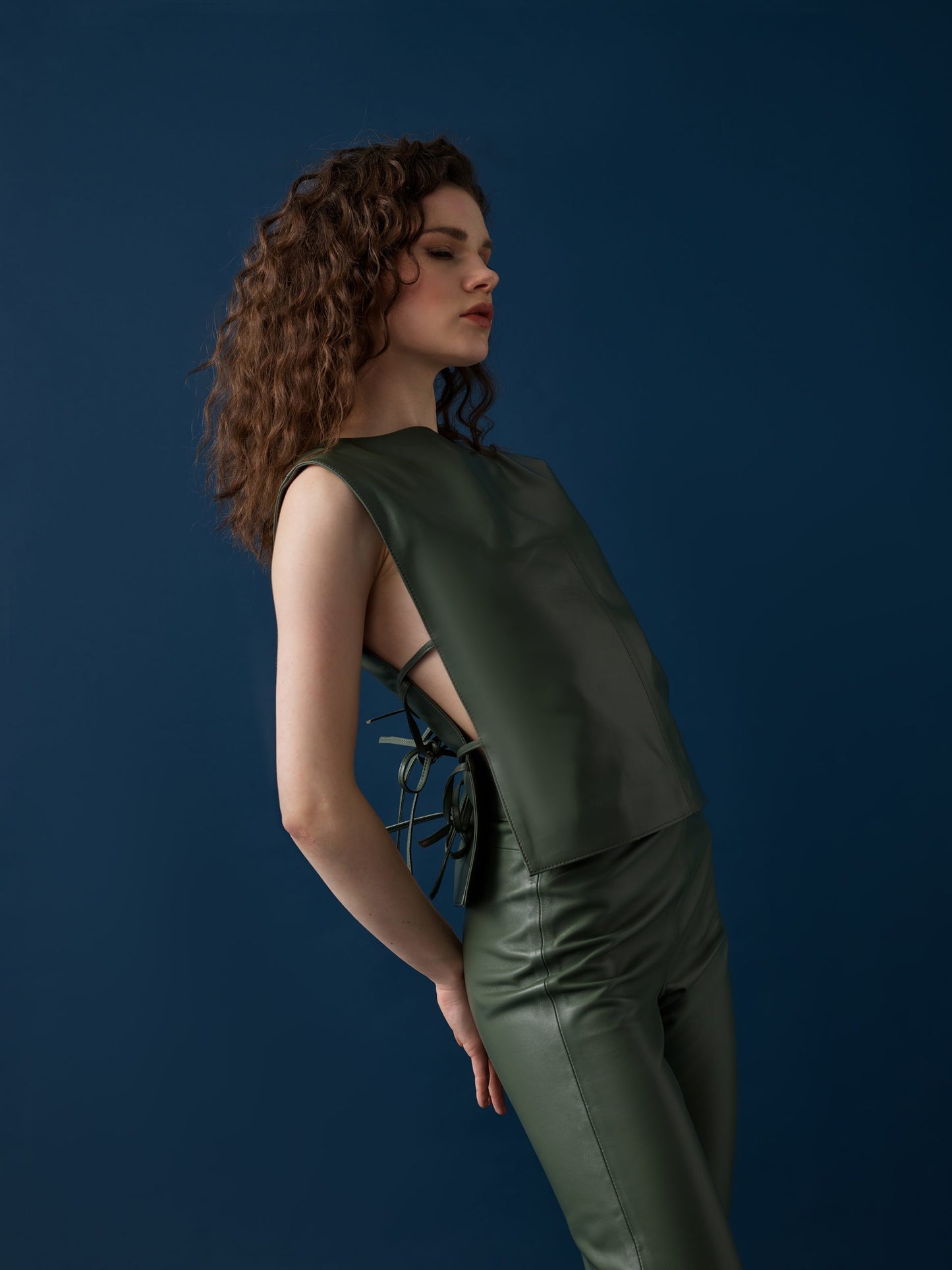 Tie-Front Leather Vest – Sage Green