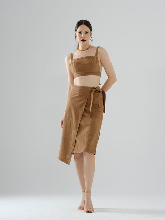 Tie-String Suede Skirt – Brown