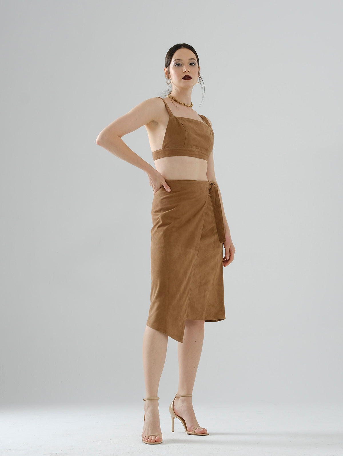 Tie-String Suede Skirt – Brown