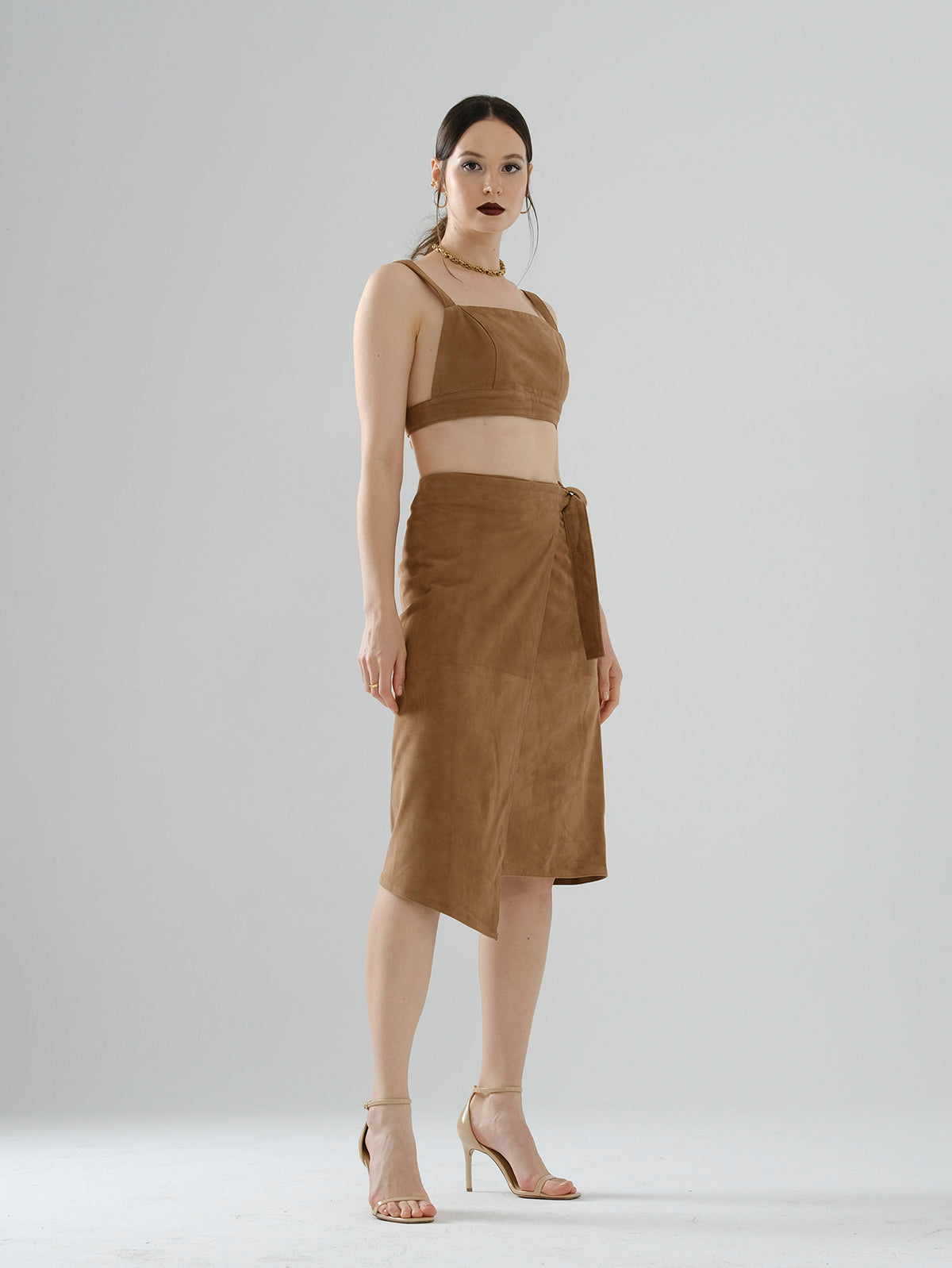 Tie-String Suede Skirt – Brown