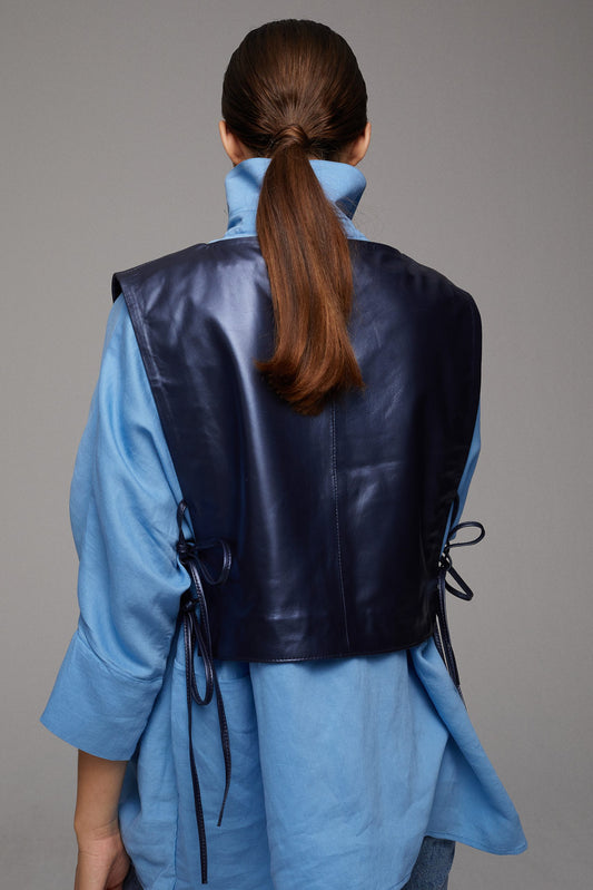 Tie-up Leather Vest – Navy