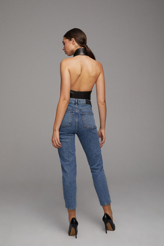 Tie-waist Leather Bustier – Black