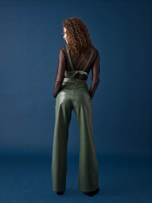 Wide-Leg Leather Pants – Sage Green