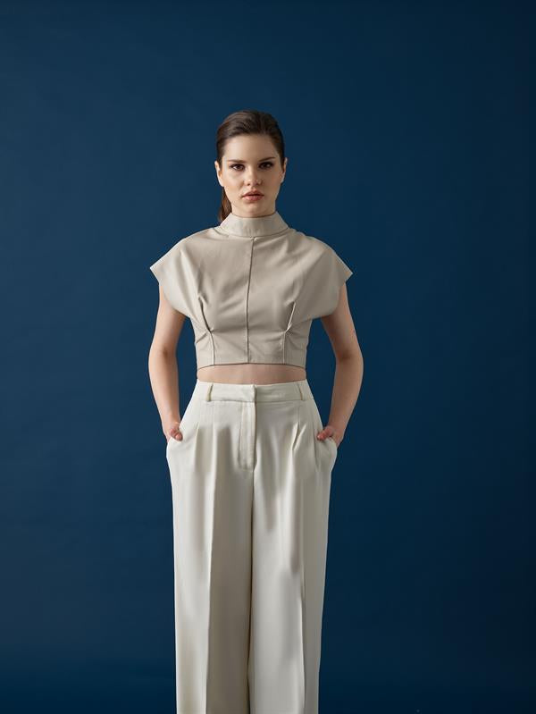 Wide-Sleeved Leather Crop – Cream