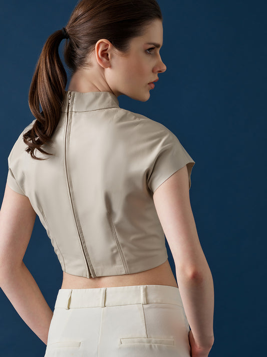 Wide-Sleeved Leather Crop – Cream