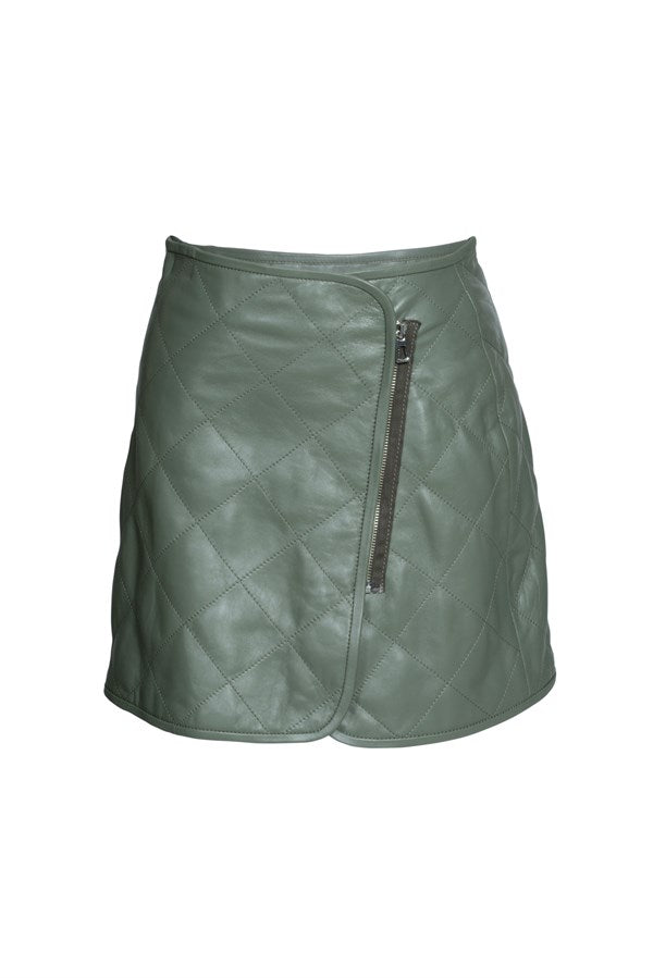 Zippered Quilted Leather Skirt – Sage Green