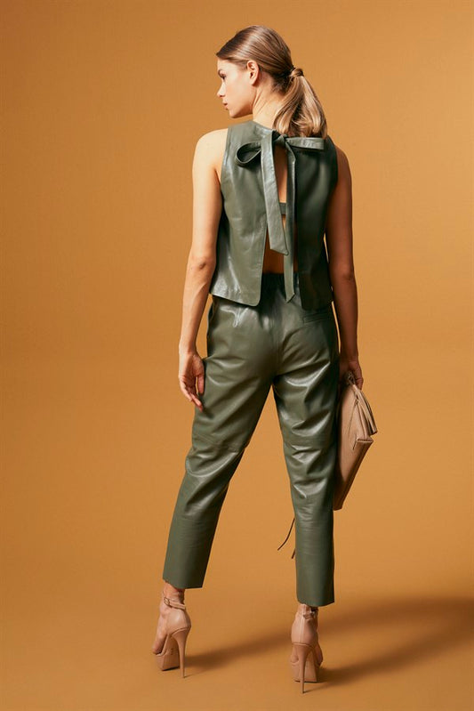 Bow-Detail Open-Back Leather T-Shirt - Sage Green