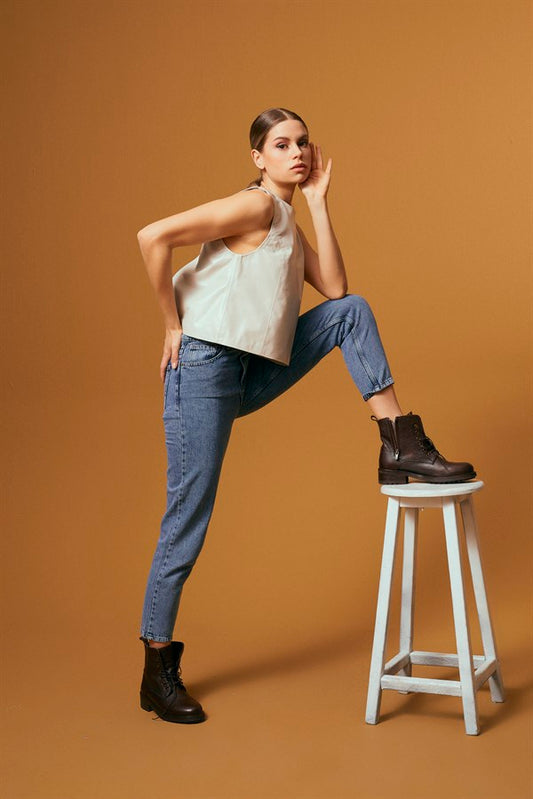 Bow-Detail Open-Back Leather T-Shirt - Cream
