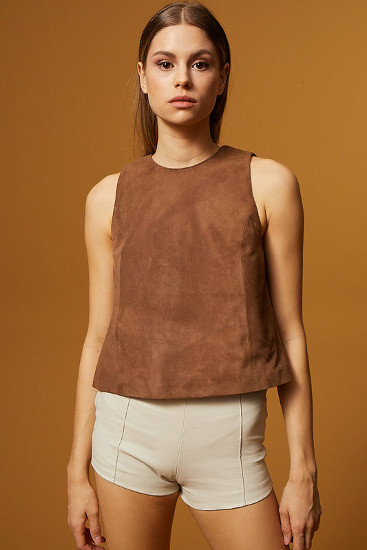 Bow-Detail Open-Back Suede T-Shirt - Brown