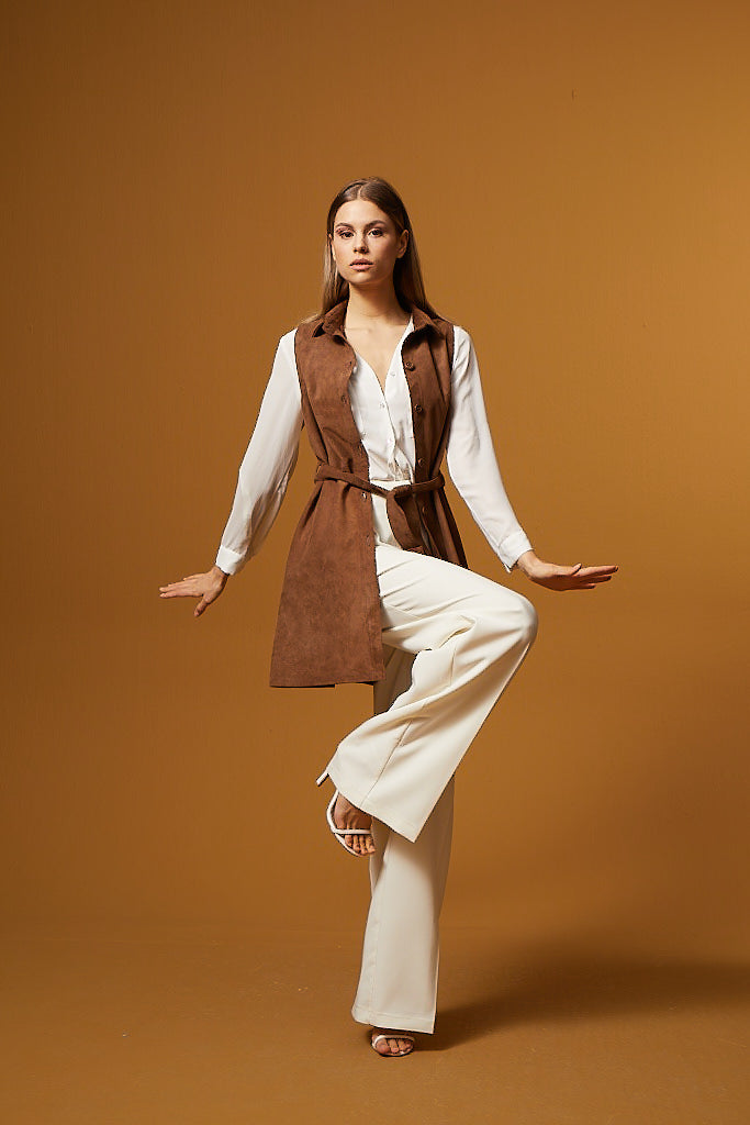 Buttoned Belted Suede Dress & Vest - Brown