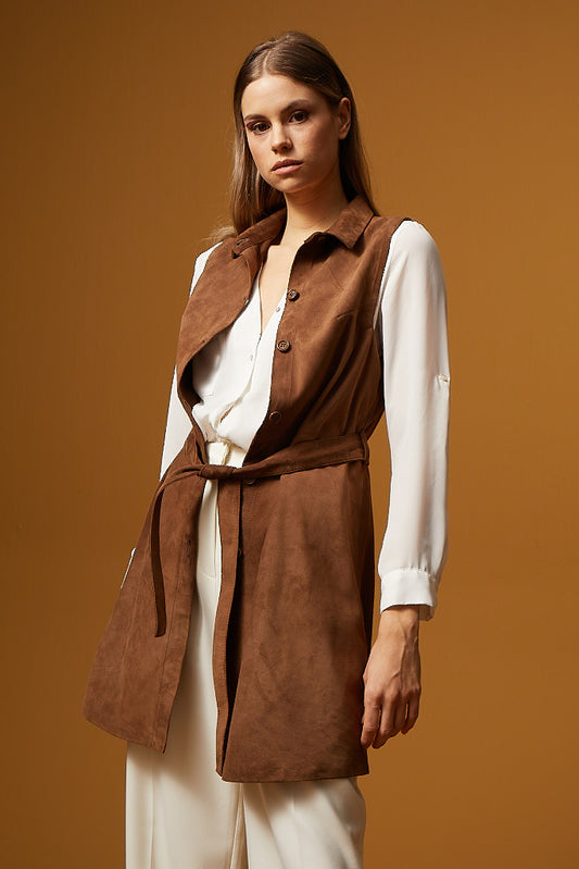 Buttoned Belted Suede Dress & Vest - Brown