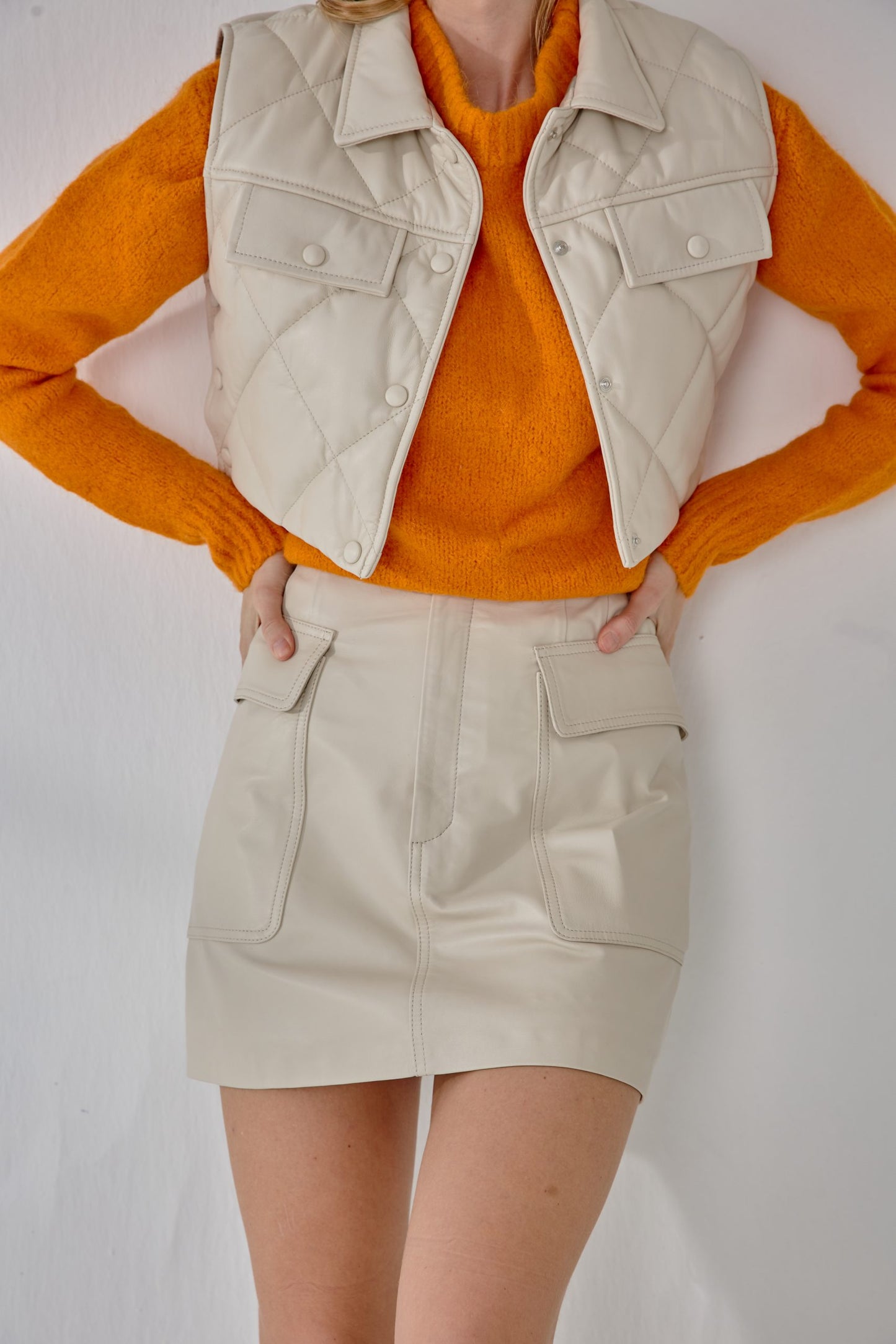 Cargo Leather Skirt - Cream