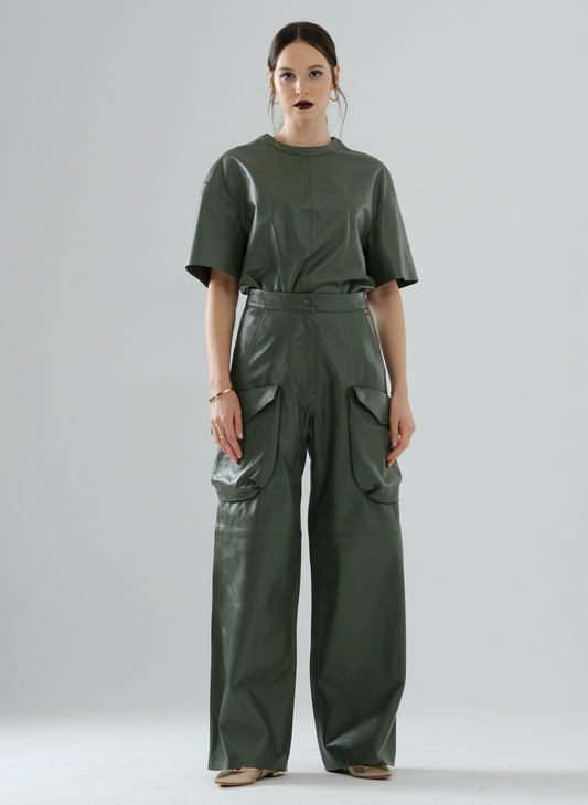 Cargo Long Leather Pants – Sage Green