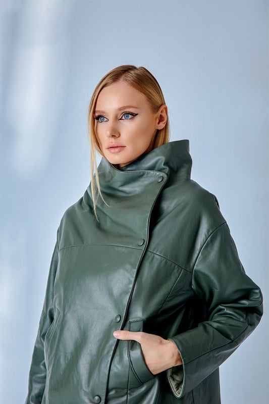 Dropped Shoulder Leather Jacket – Sage Green