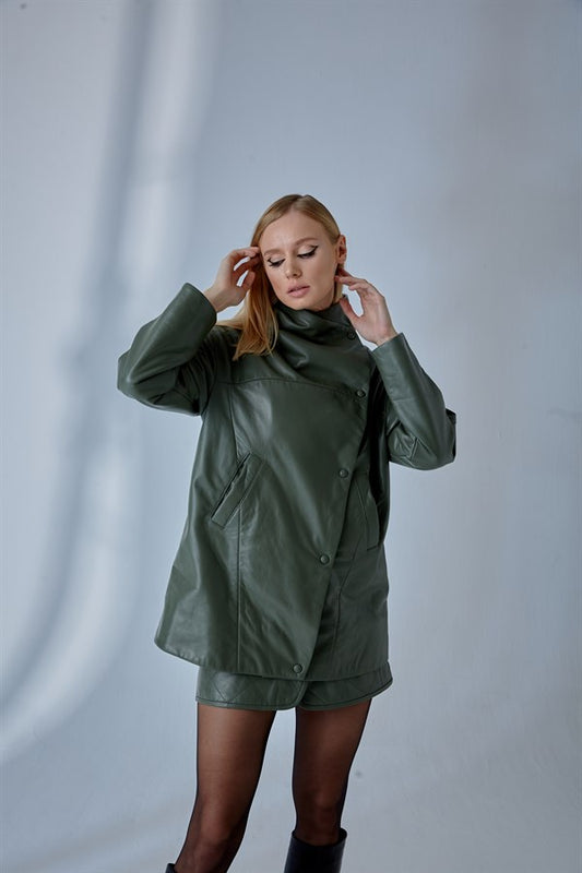 Dropped Shoulder Leather Jacket – Sage Green