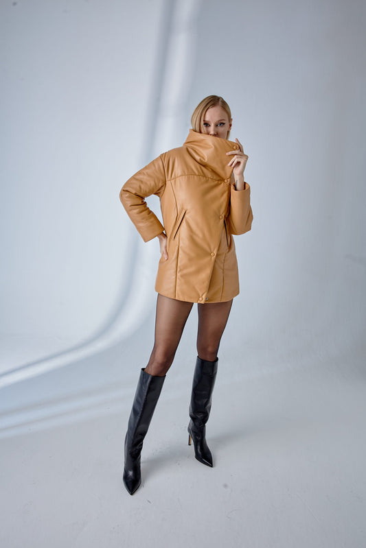 Dropped Shoulder Leather Jacket – Camel