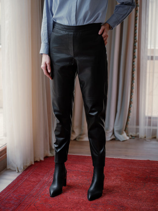 Elastic-Waist Straight Leather Pants – Black