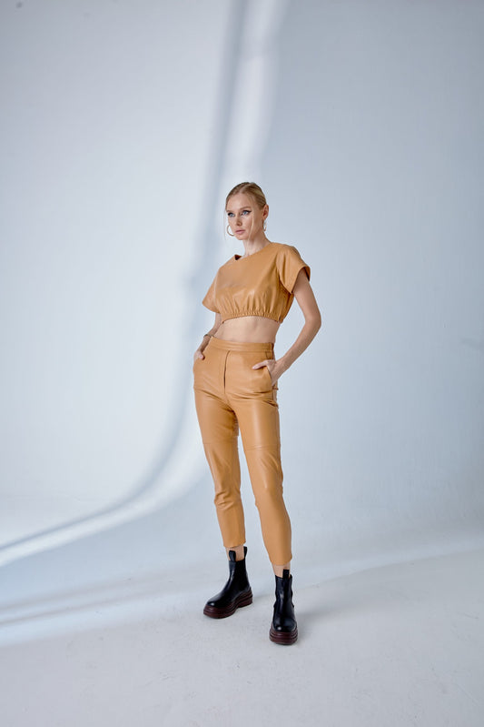 Elastic Waist Jogger Leather Pants – Camel