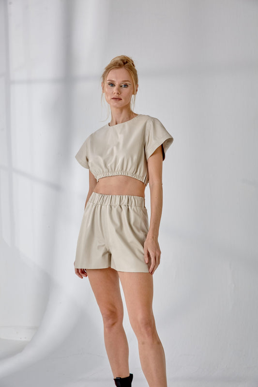 Elastic Waist Short T-shirt – Cream