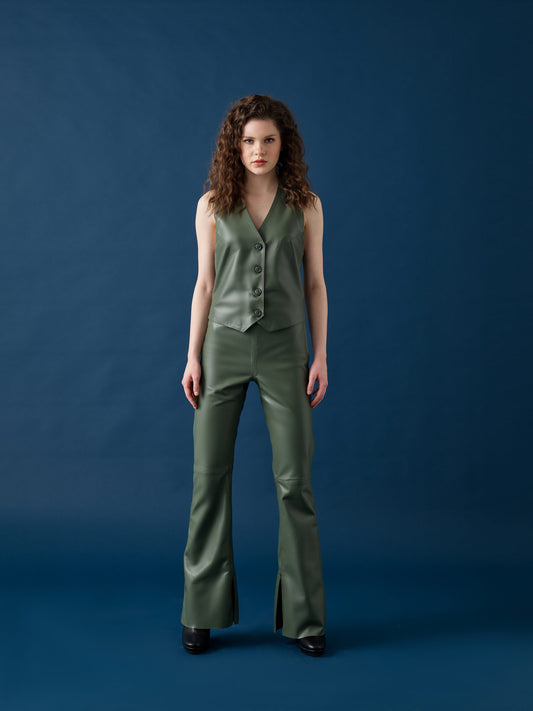 Flared Leather Pants – Sage Green